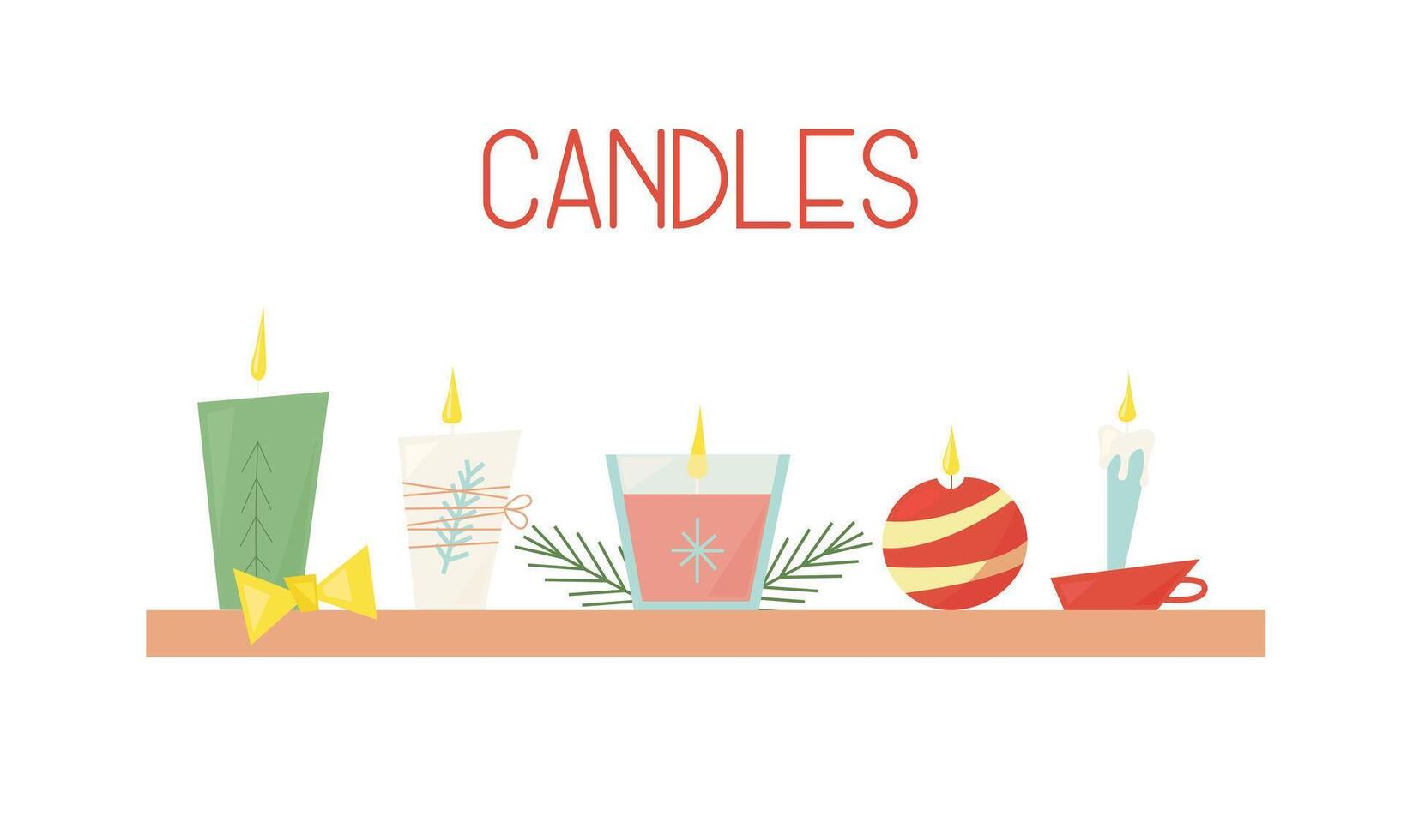 Christmas candles set in flat style standing on a shelf with pine branches and a bow vector