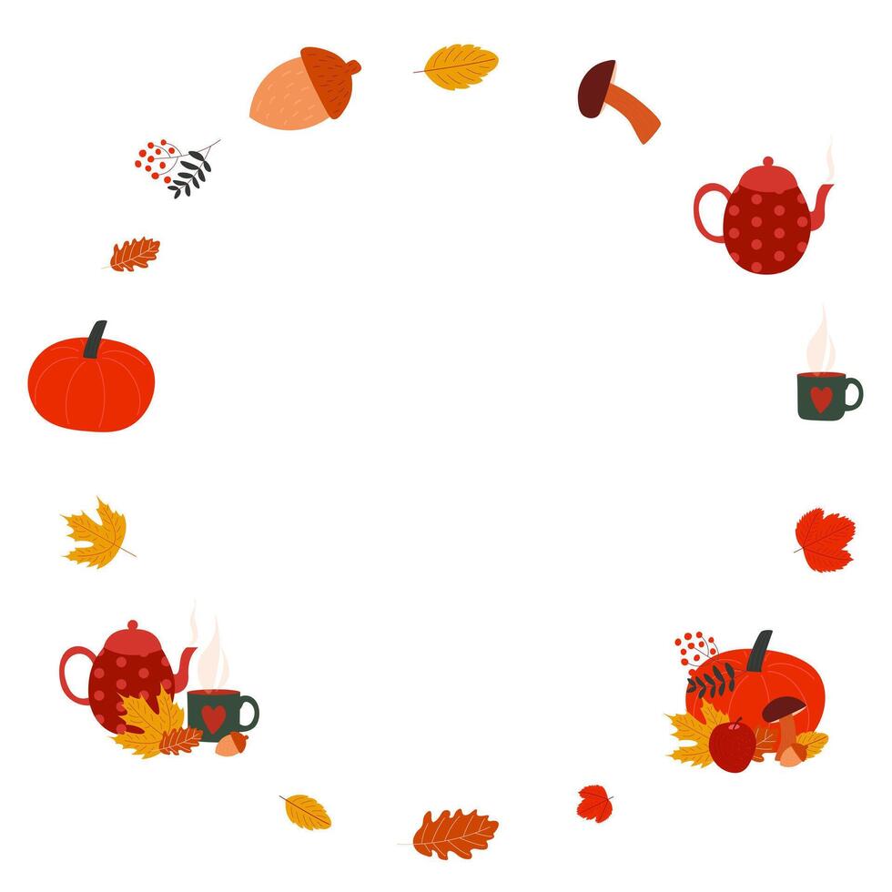 Autumn crown frame with hot tea, mushrooms, pumpkin, acorn and autumn leaves. flat illustration vector