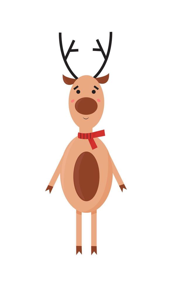 Cute deer wearing knitted scarf and smiling. flat illustration isolated on white background. Ready for greeting cards, print vector