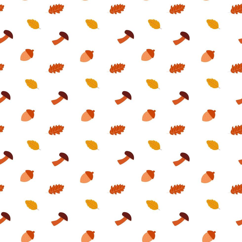 Seamless autumn pattern with mushrooms, acorn and oak leaves on white background. flat illustration for design, print, textile, fabric, wallpapers vector