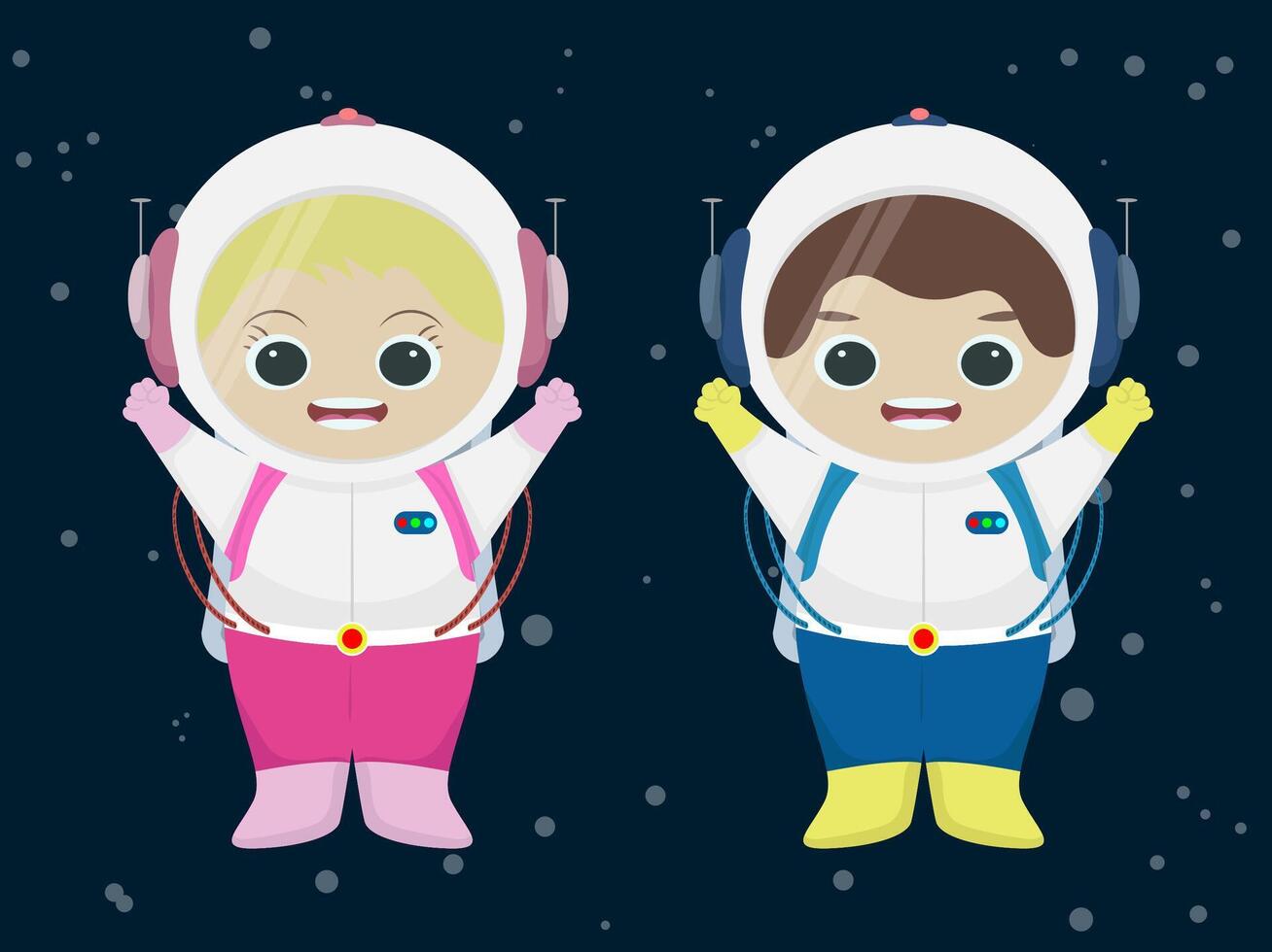 dibujos animados astronauta chico y niña sonriente emocionado vector