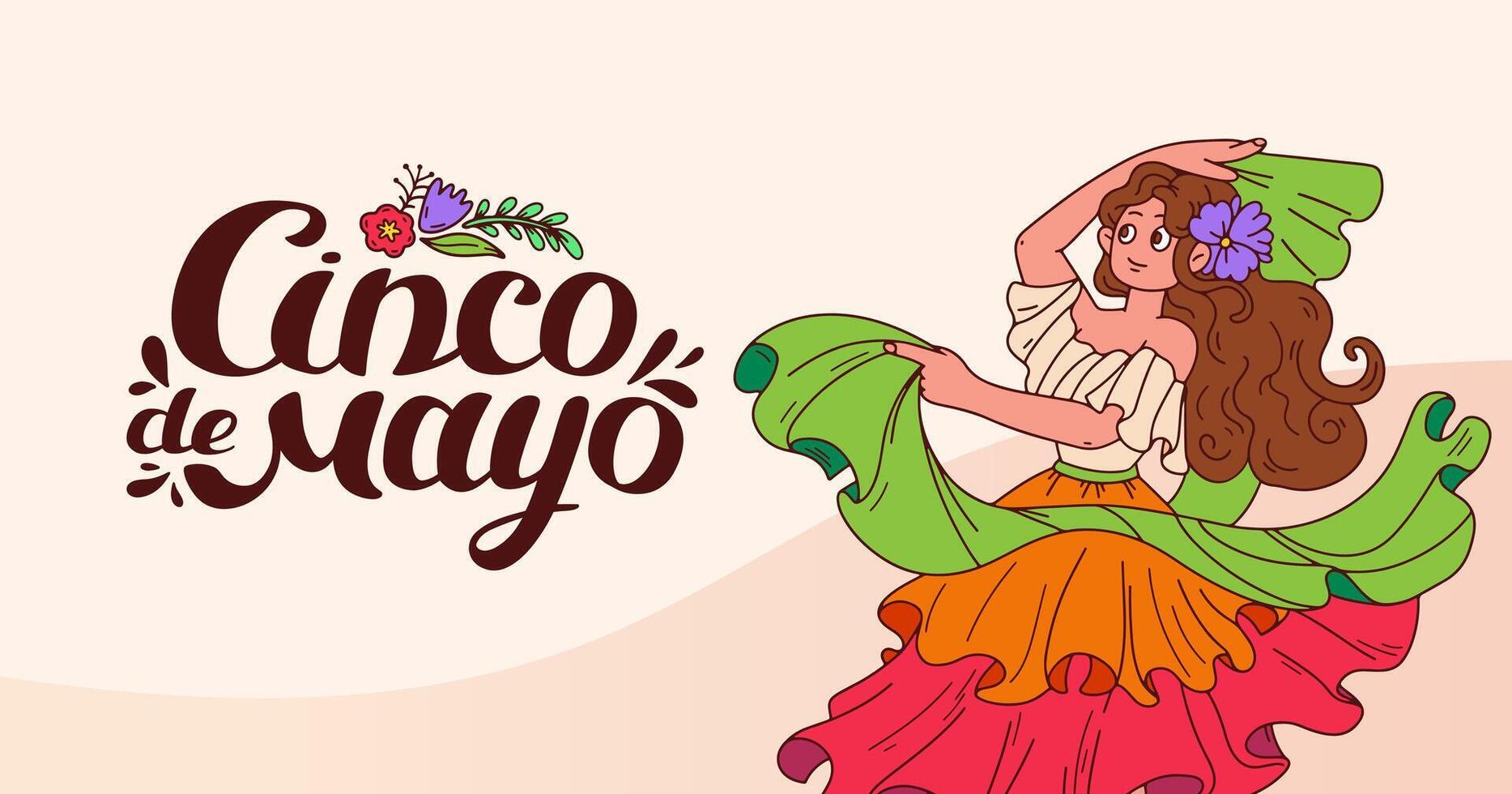 Cinco de mayo celebration banner. Horizontal background with dancing Mexican woman. Hand Lettering. Flamenco musical performance. Mexico Dancer at Cinco De Mayo festival. doodle illustration. vector