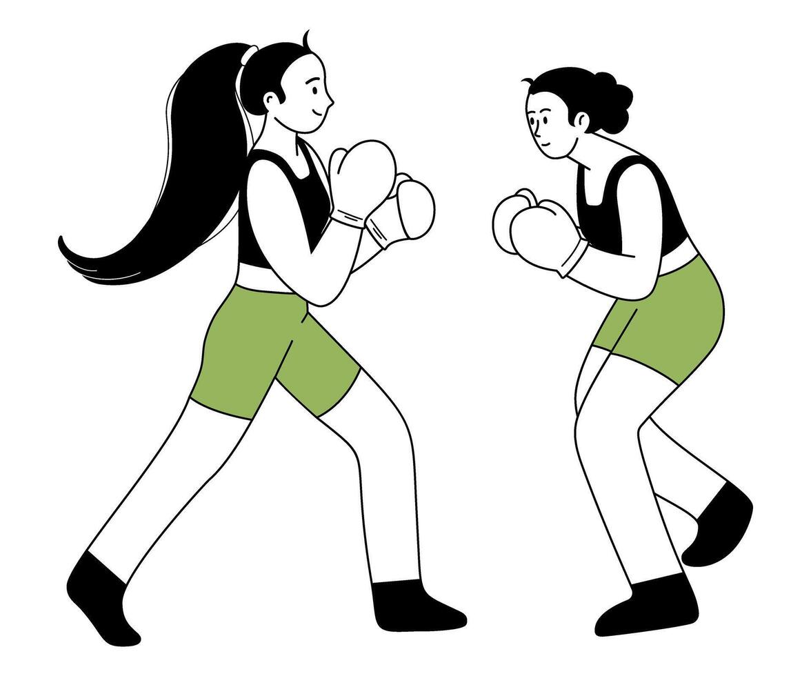 Female boxing athlete outline illustration. Two professional boxers fighting on ring. Strong fighters in gloves sparring. Character for sports standings, web, mascot, school. line illustration. vector