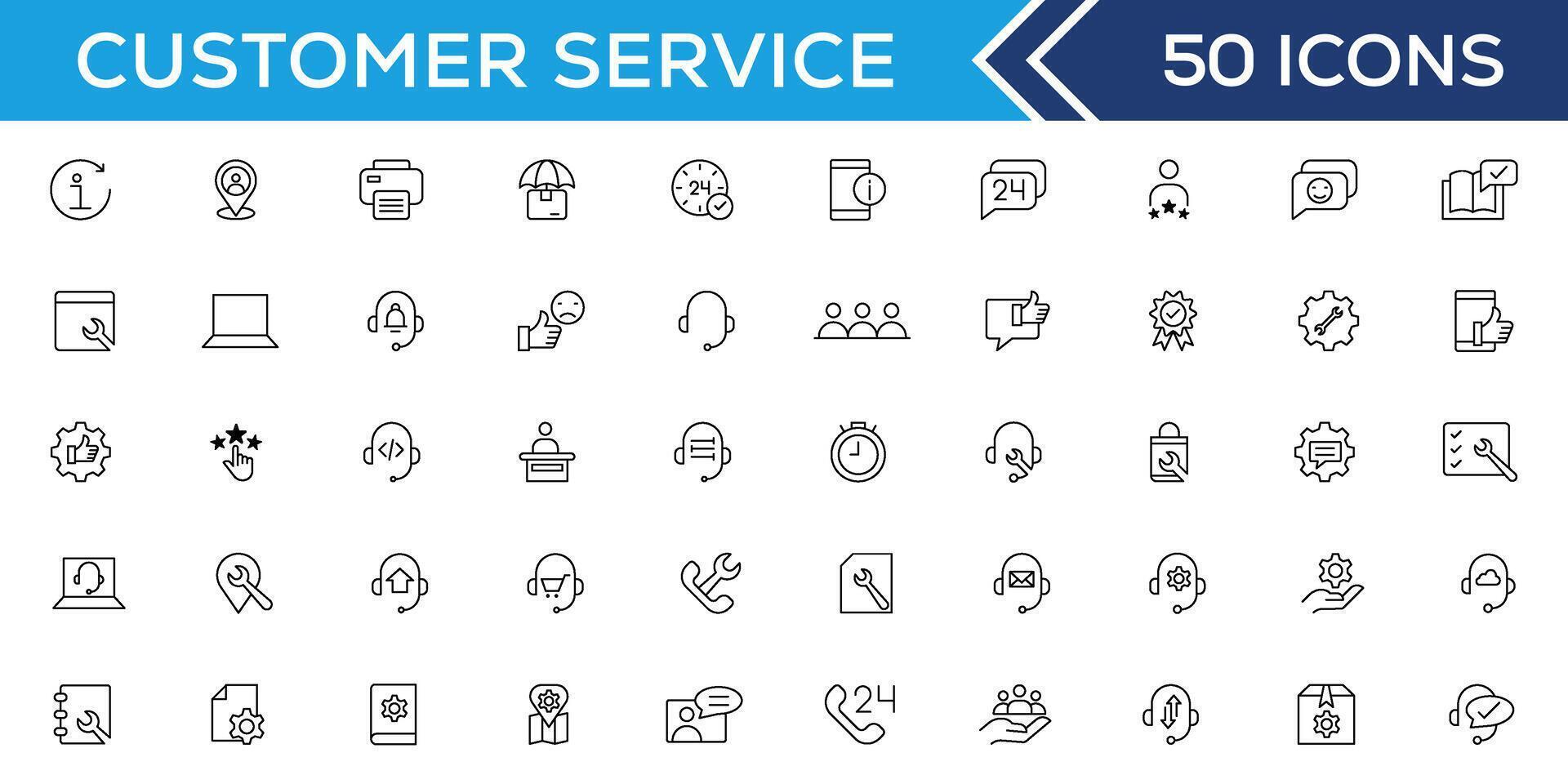 Customer service icon set. Containing customer satisfied, assistance, experience, feedback, operator and technical support icons. Thin outline icons pack. vector