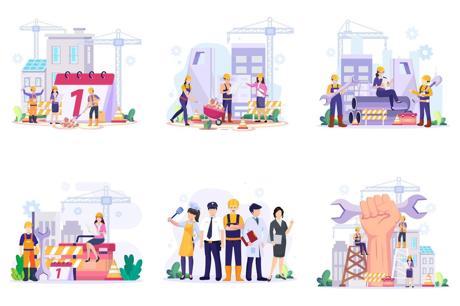 Happy Labour day On 1 May illustration. Construction workers are working on building. vector