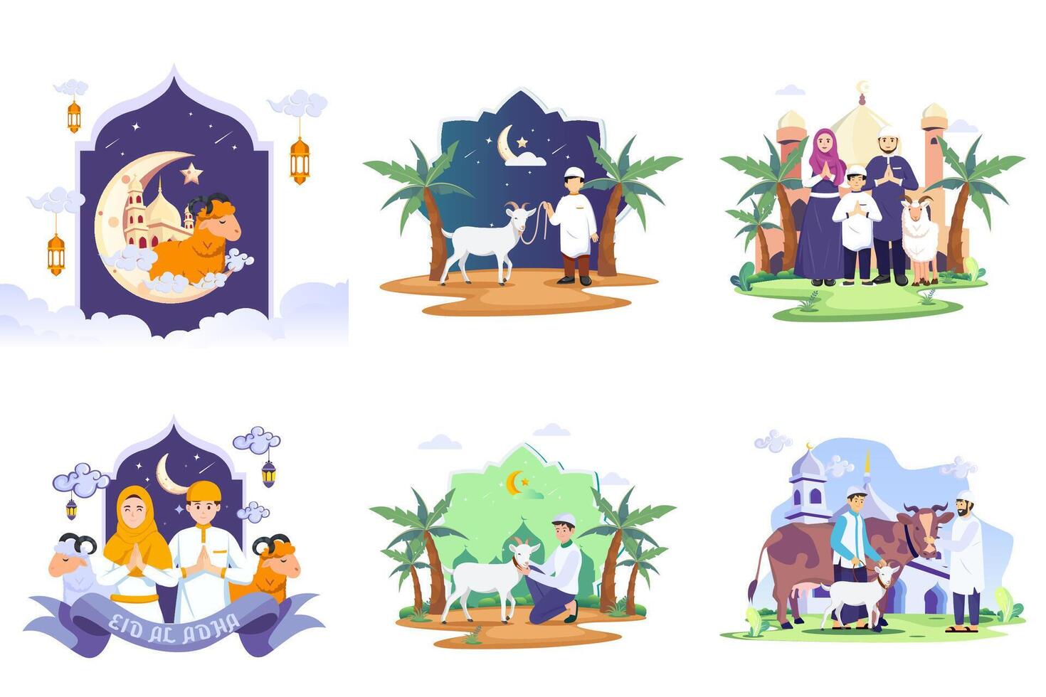 Happy Muslim family celebrates Eid Al Adha Mubarak with a goat. Flat template illustration vector