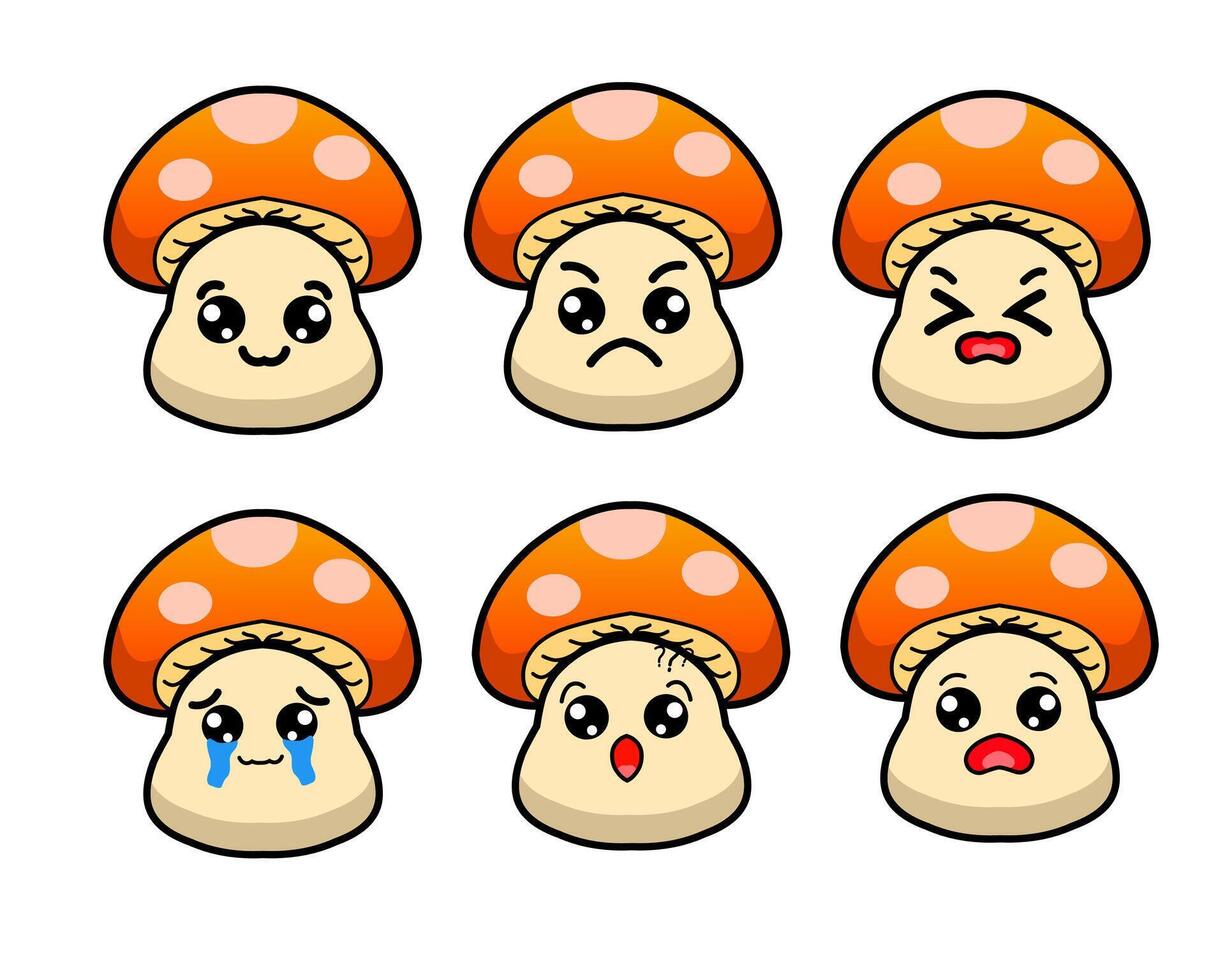 graphic illustration of set of cute cartoon mushrooms with various expressions vector