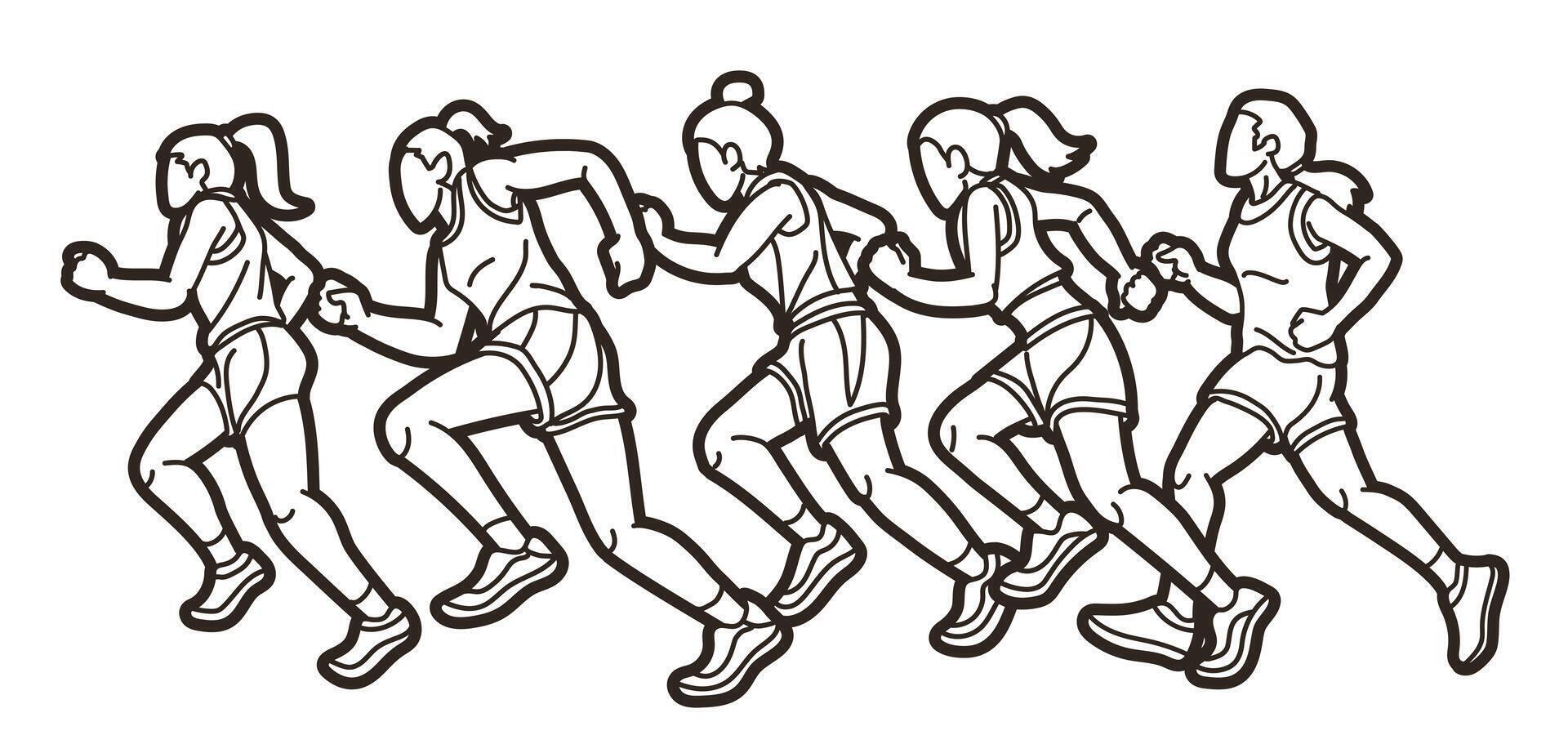 grupo de mujer comienzo corriendo corredor acción trotar juntos dibujos animados deporte gráfico vector