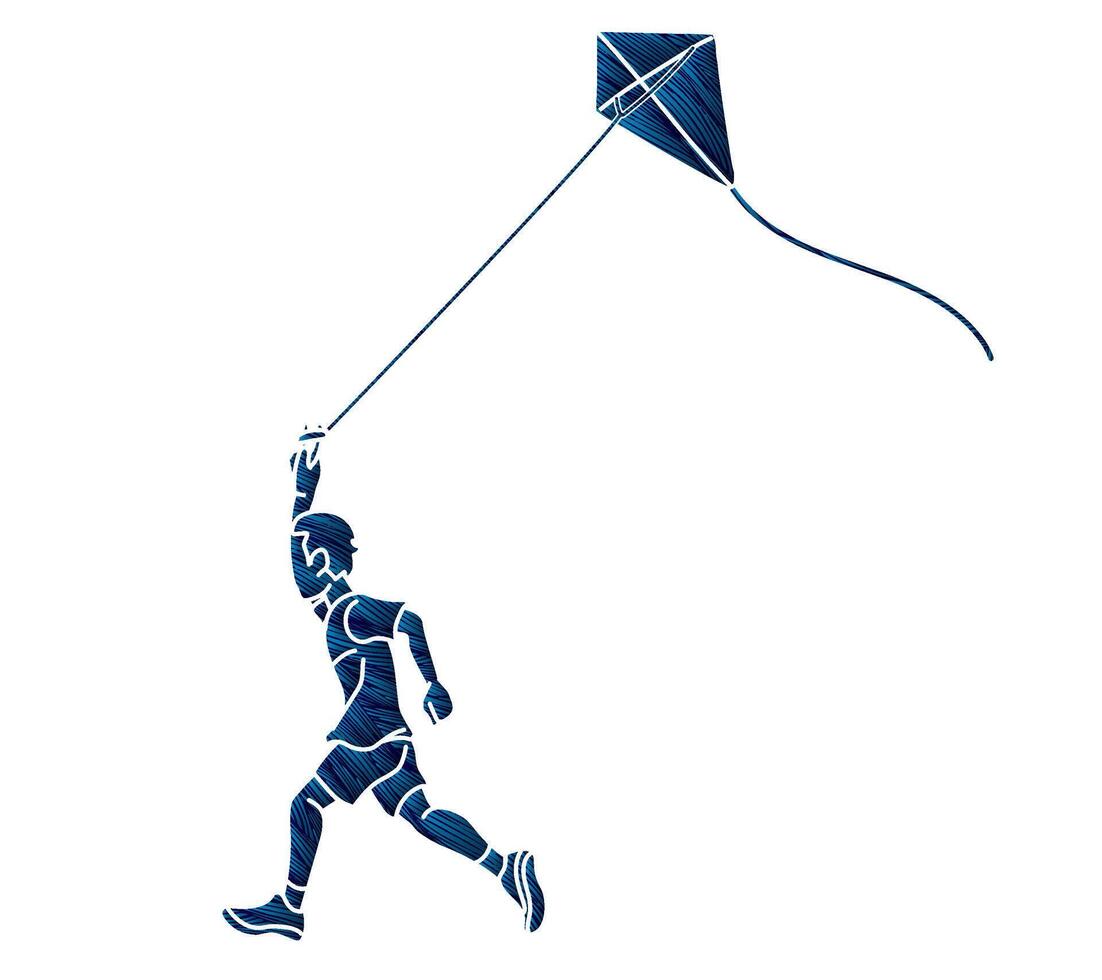 A Boy Running with a Kite Child Playing Cartoon Graphic vector