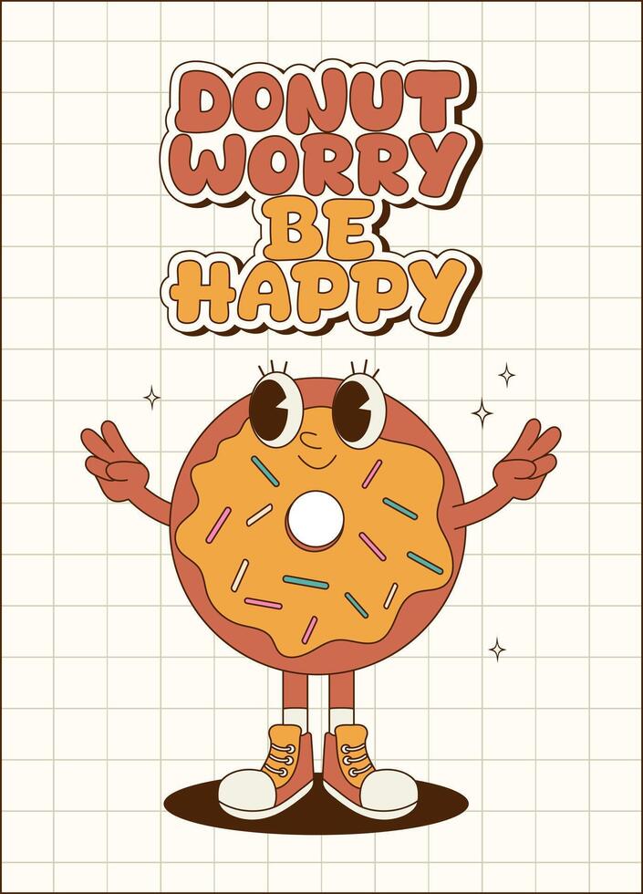 Retro groovy poster, card, banner for bakery, cafe and delivery. Cartoon mascot. Cute donut character. vector