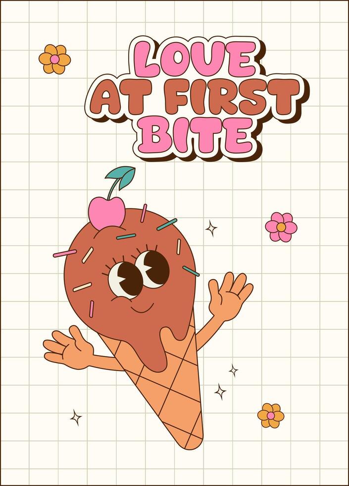 Retro groovy poster, card, banner with cute ice cream character. Cartoon mascot. Perfect for cafe and delivery. vector