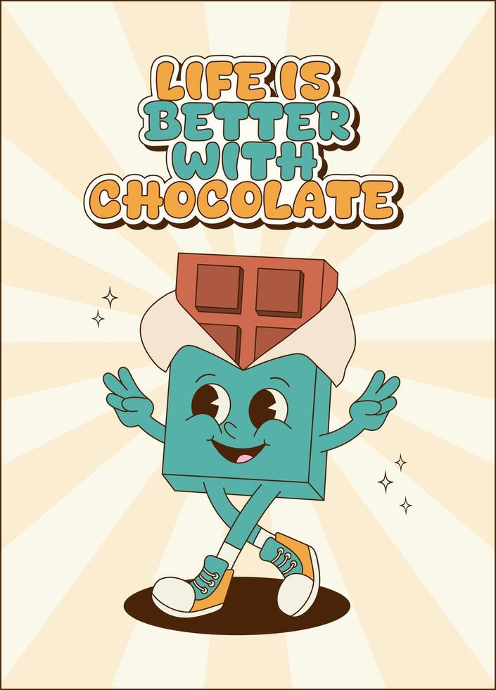 Retro poster, card, banner with chocolate bar. Cartoon mascot. Cute groovy character vector
