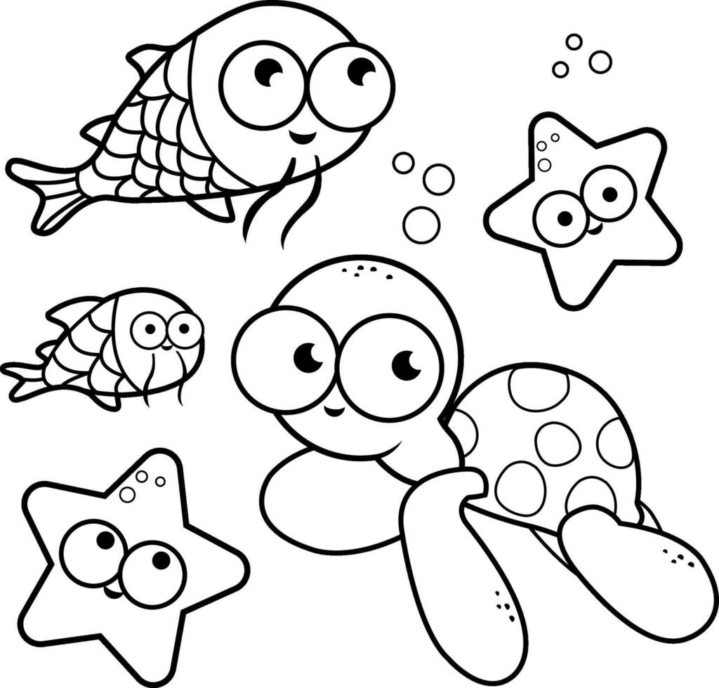 Cartoon sea turtle, fish and starfish underwater. Sea animals swimming under the sea. Collection of cute sea animals. Black and white coloring page. vector