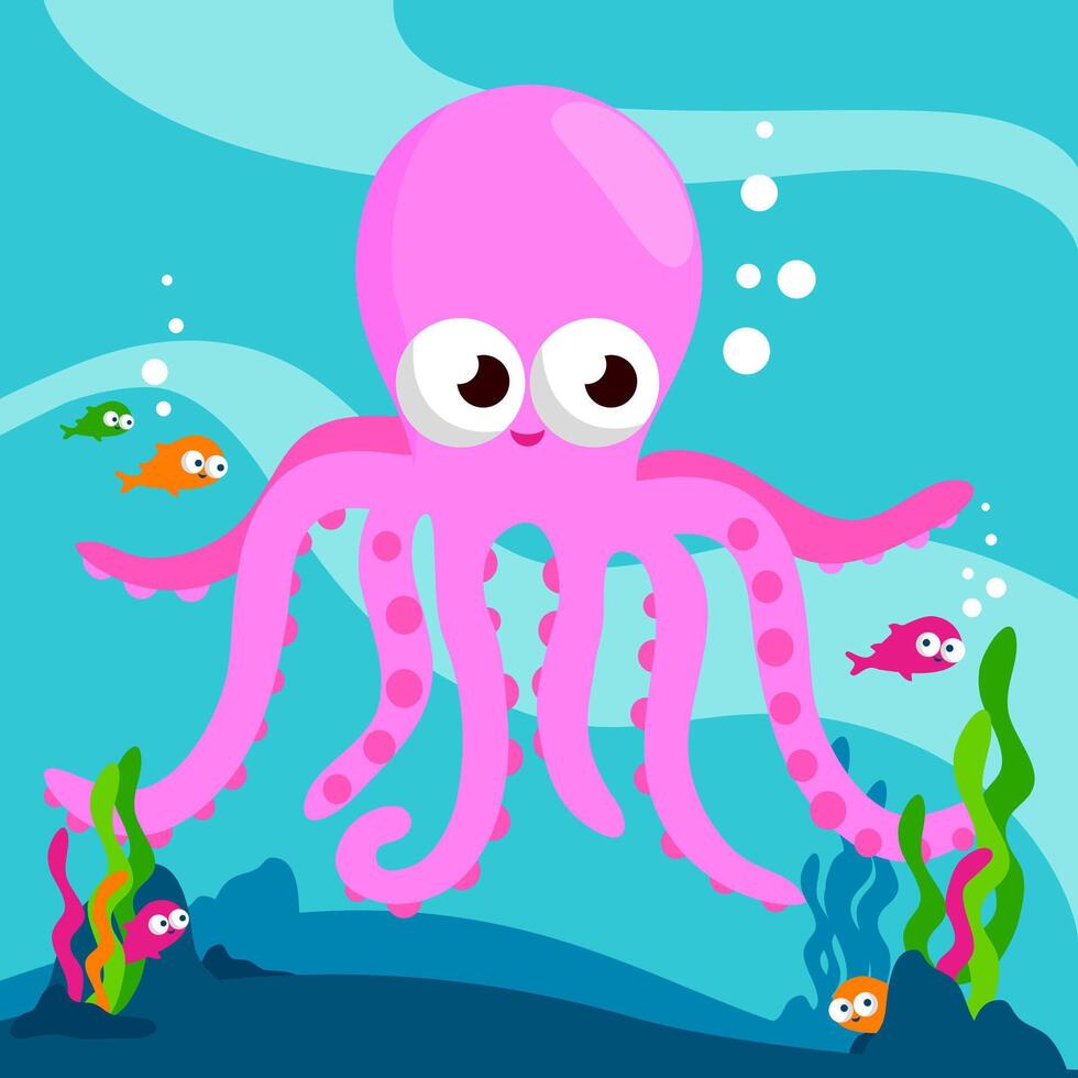 Cute sea animals colorful background with octopus and fish swimming underwater. Cartoon fish and octopus on the sea floor. Illustration background vector