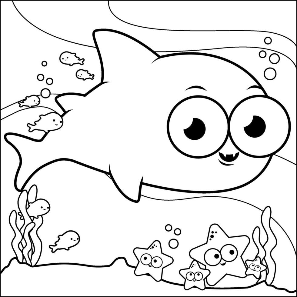 A cute baby shark, fish and starfish swimming underwater. Cartoon shark and sea animals happy image. Black and white coloring page. vector