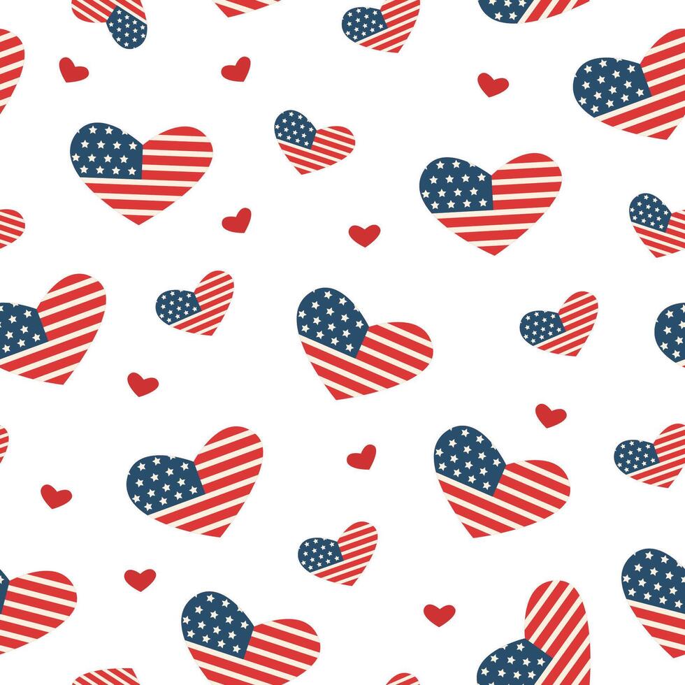 Seamless pattern of American flags in the shape of hearts on white. Independence day and Memorial day concept. vector