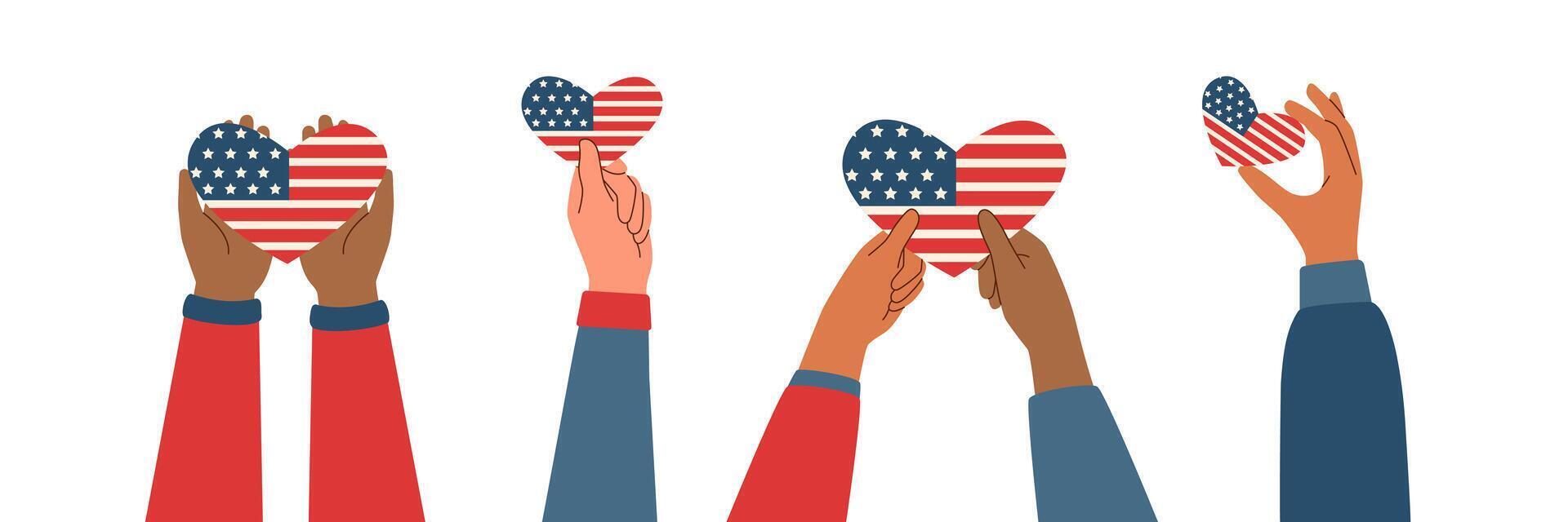 Set of hands holding american flag in the shape of heart. Memorial day and Independence day concept. vector