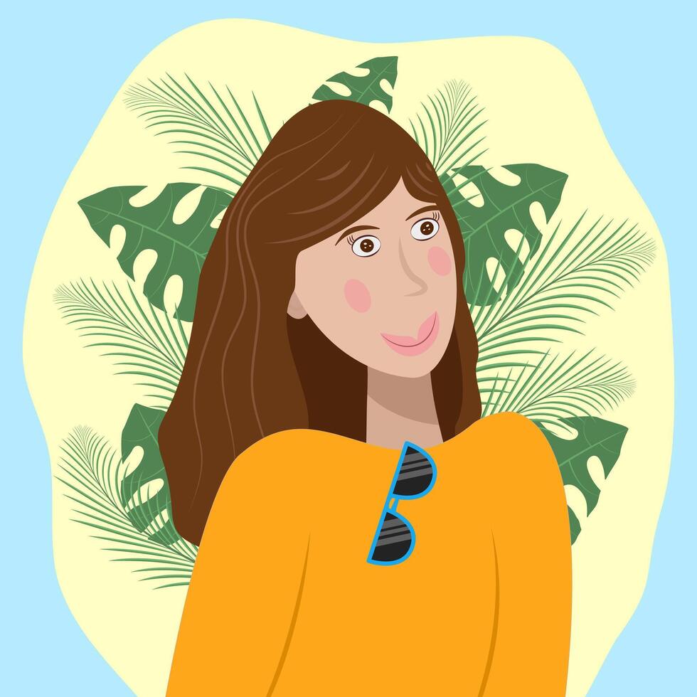 Summer girl character, on a background of tropical plants, flat illustration vector
