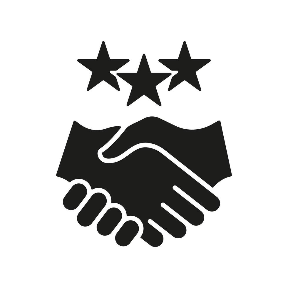 Customer Satisfaction Silhouette Icon. Handshake With Stars Glyph Pictogram. Appreciation And Partnership. Client Review Sign. Business Communication And Support Symbol. Isolated Illustration vector