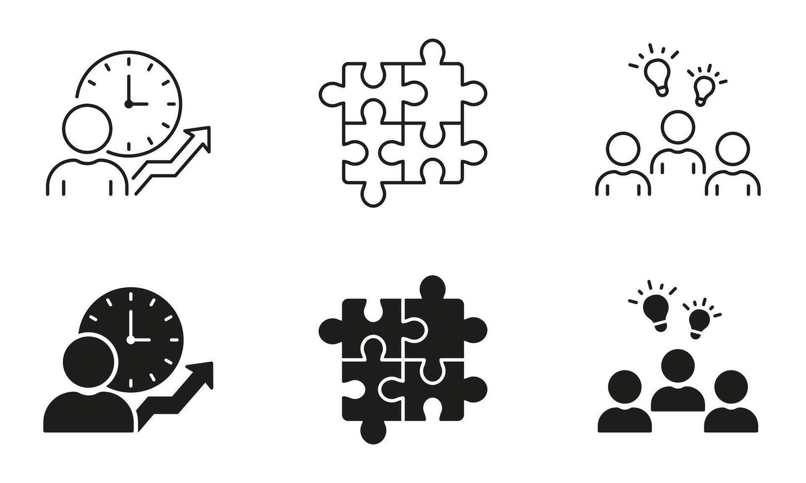 Teamwork Line and Silhouette Icon Set. Management Strategy Pictogram. Business Partnership Symbol Collection. Creative Idea, Challenge At Work Sign. Isolated Illustration vector