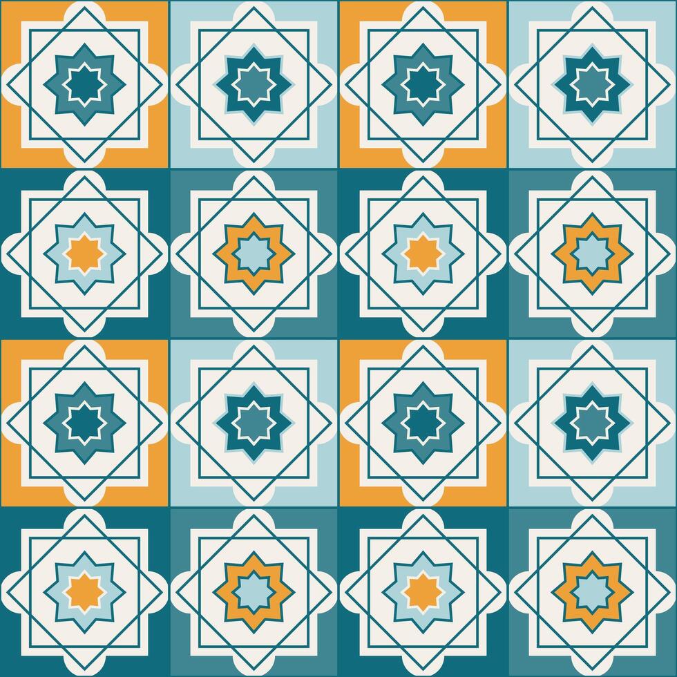 Arabic geometric mosaic printable seamless pattern with abstract Moroccan print in blue and orange colors. Ramadan Kareem Traditional Islamic art Illustration background vector