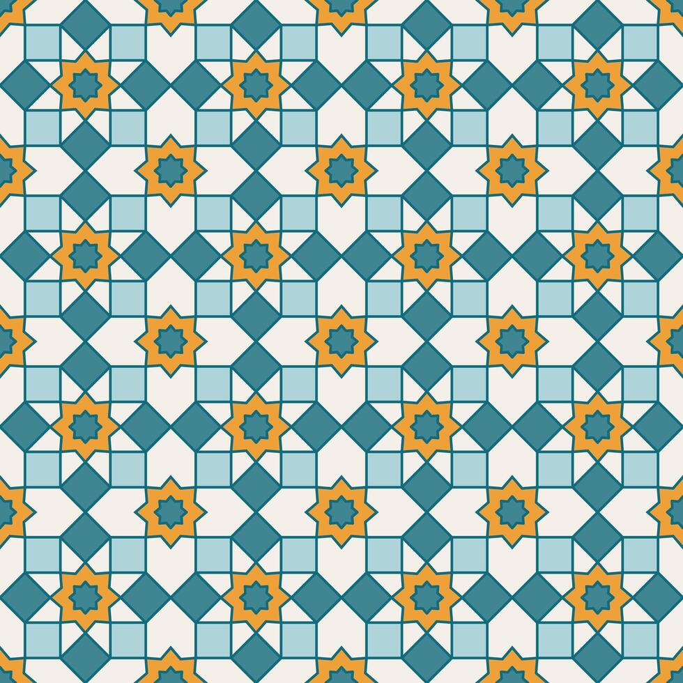 Arabic geometric mosaic printable seamless pattern with abstract Moroccan print in blue and orange colors. Ramadan Kareem Traditional Islamic art Illustration background vector