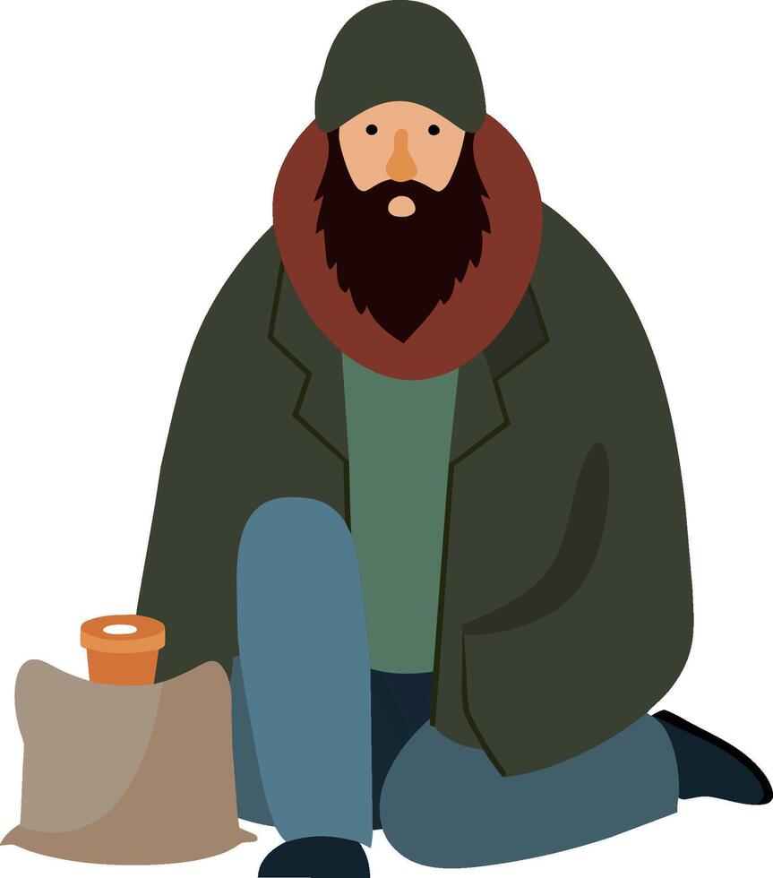 Homeless dirty man sitting on ground need help isolated flat illustration vector