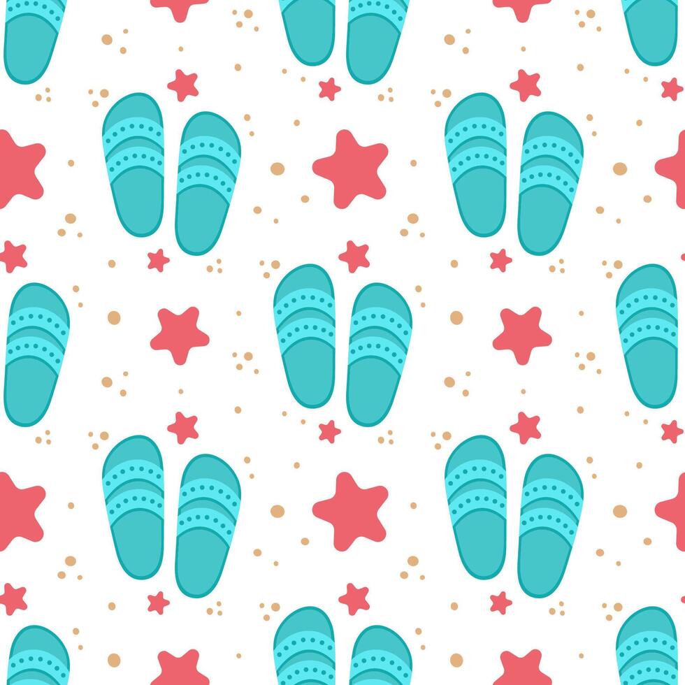 Flip flops icon with starfishes seamless pattern. Cute texture for summer design. Beach vacation concept. Cartoon illustration isolated on white. Flat design. vector