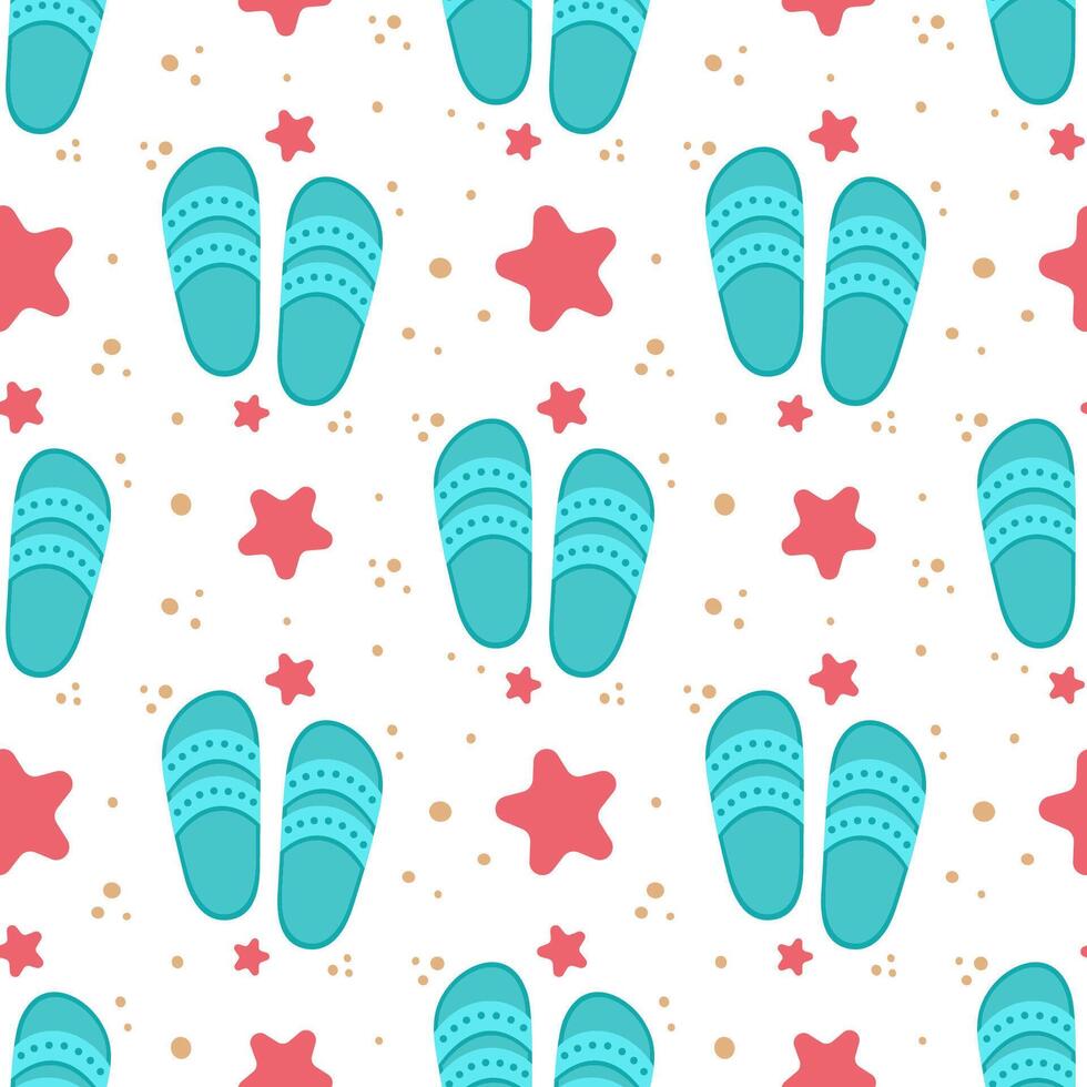 Flip flops icon with starfishes seamless pattern. Cute texture for summer design. Beach vacation concept. Cartoon illustration isolated on white. Flat design. vector