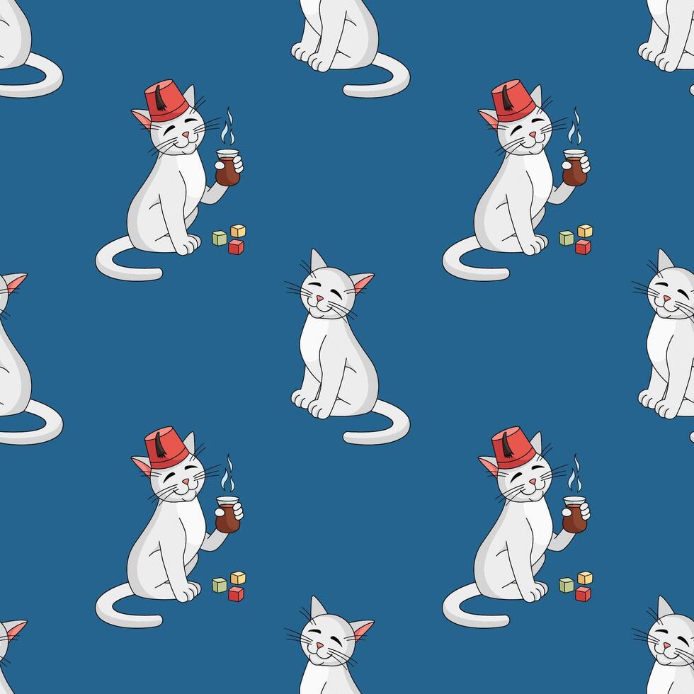 Turkish angora cat character with Turkish cup of tea seamless pattern illustration. Cat in a fez enjoys tea. Turkish culture elements tea cup, angora cat, Turkish delight, fez texture. vector