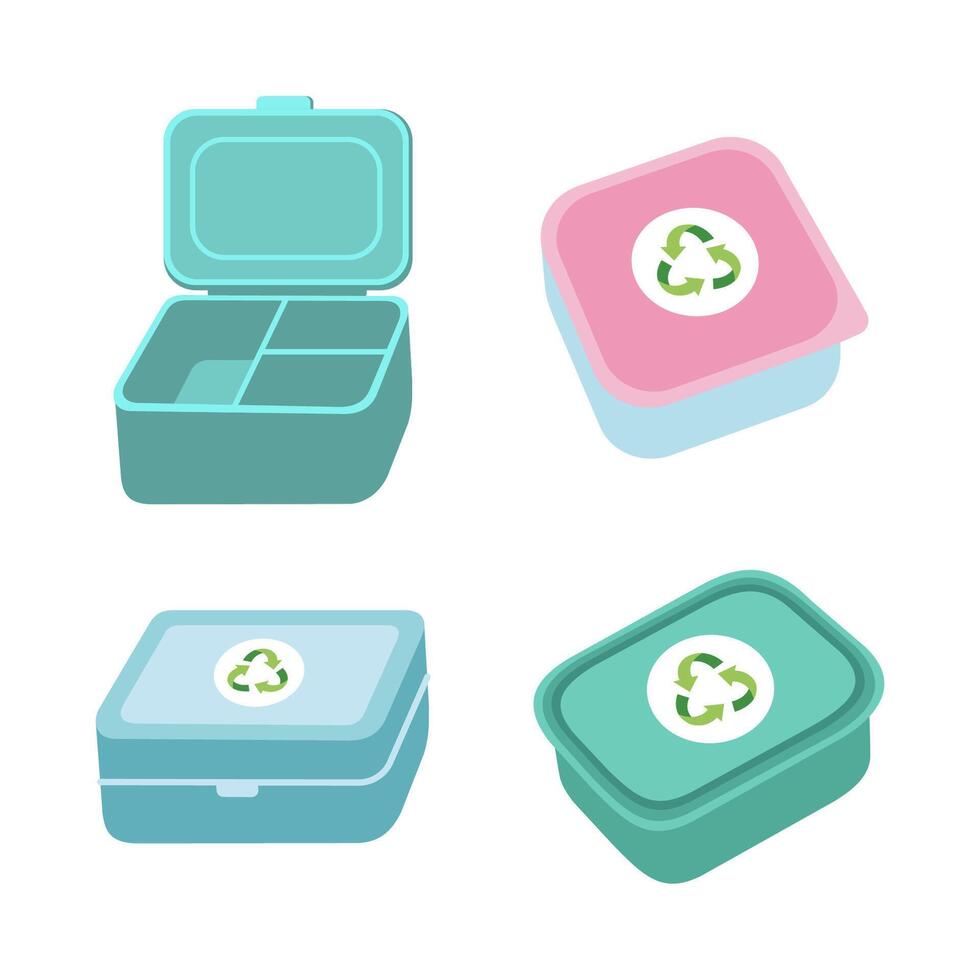 Reusable lunch Boxes set. Sustainable lifestyle, zero waste, ecological concept. Illustration in cartoon style. Recycling, waste management, ecology, sustainability. vector