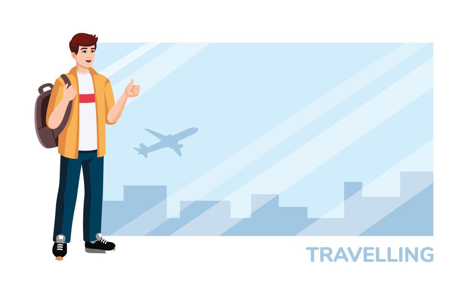 Young Man with backpack showing thumbs up at the airport before flight. Travelling concept, flat design, cartoon style illustration. Copy space vector