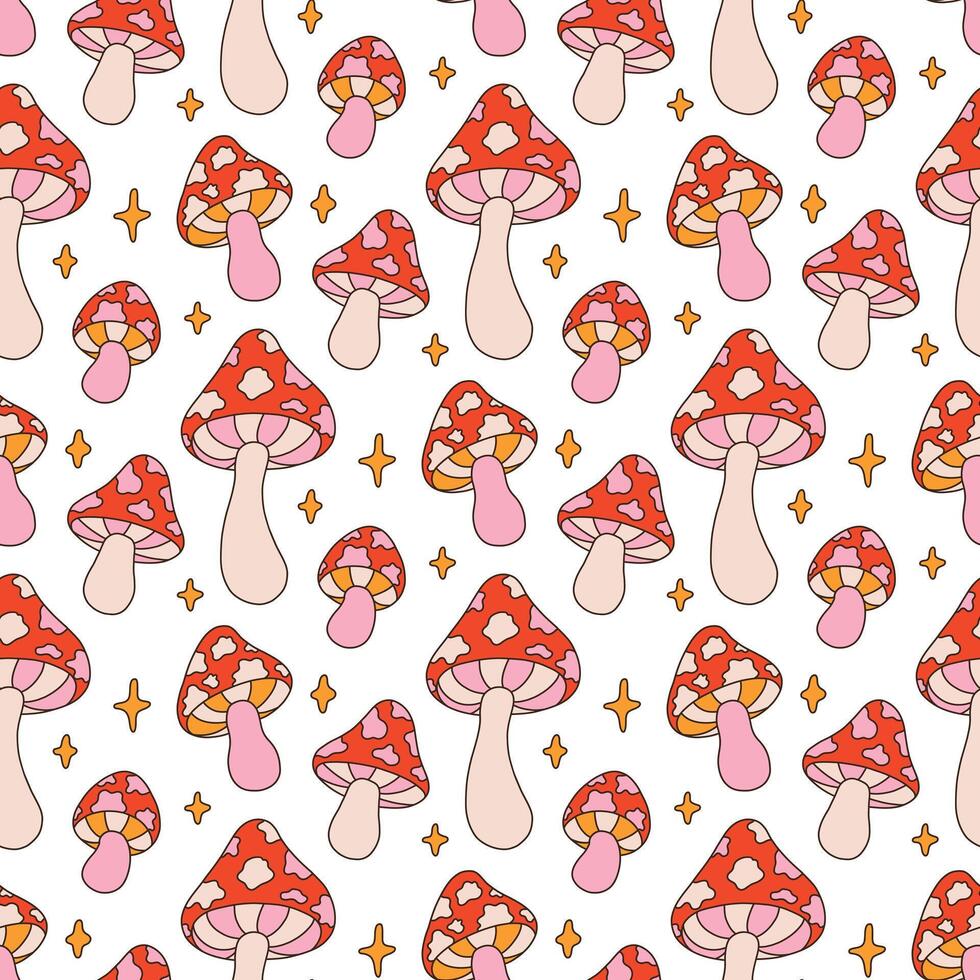 Retro seamless pattern with fantasy fly agaric mushrooms and stars. Textile design with hippie print vector