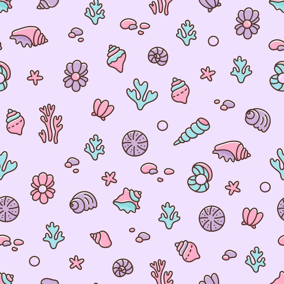 Beach memories. Natural seamless pattern with sea or ocean life. Undersea backdrop with shells, pearls, corals, pebbles, starfish. Cartoon kawaii design vector