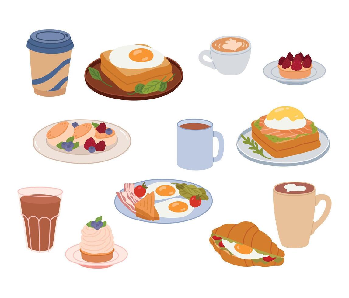 conjunto de diferente platos. tostada, cuerno, frito huevos, pasteles de queso , postres café bebidas en diferente tazas delicioso comida servido en lámina. comida para desayuno o desayuno tardío vector