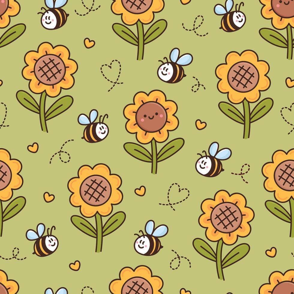 Seamless pattern design with kawaii flower sunflower, cute bee, heart vector