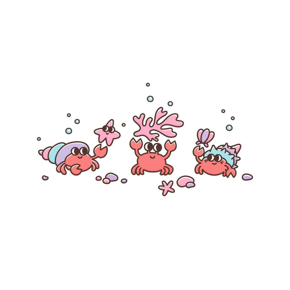 Funny sea or marine crabs with cute starfish, coral, beautiful seashell on the beach. Colorful illustration crustacean animals vector