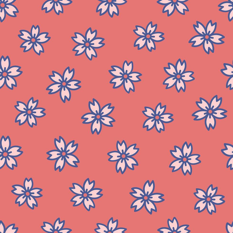 Cute seamless pattern with sakura flowers or cherry blossom on red background. Endless texture in Asian style. Oriental print design vector