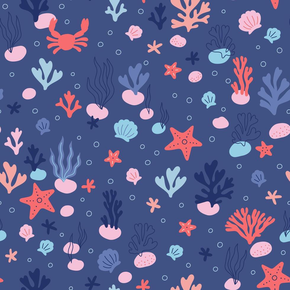 Natural seamless pattern with undersea flora and fauna, sea or ocean life on dark blue background. Undersea backdrop with coral, algae, starfish, shells, coral reefs vector