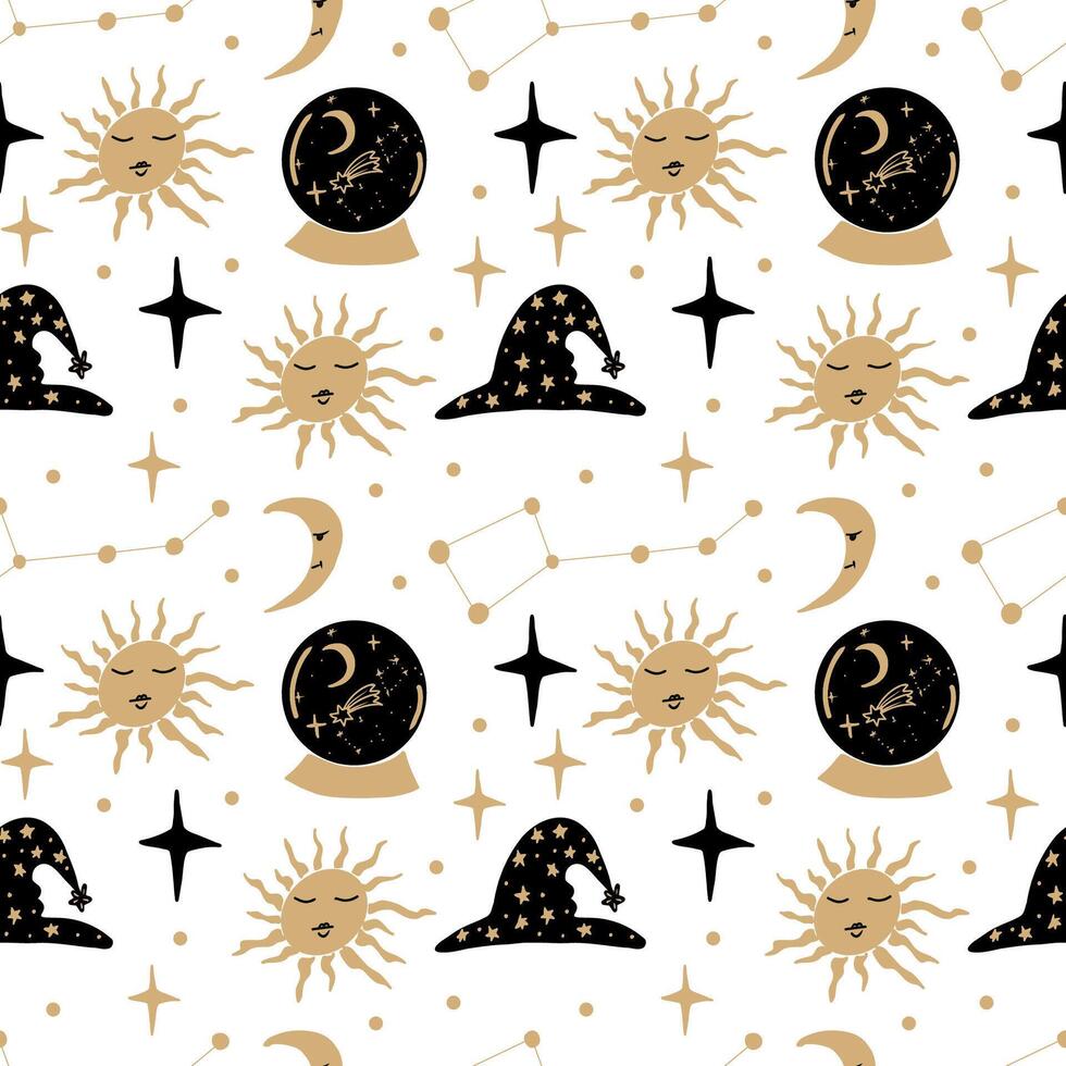 Magic celestial seamless pattern, hand drawn mystical elements. vector