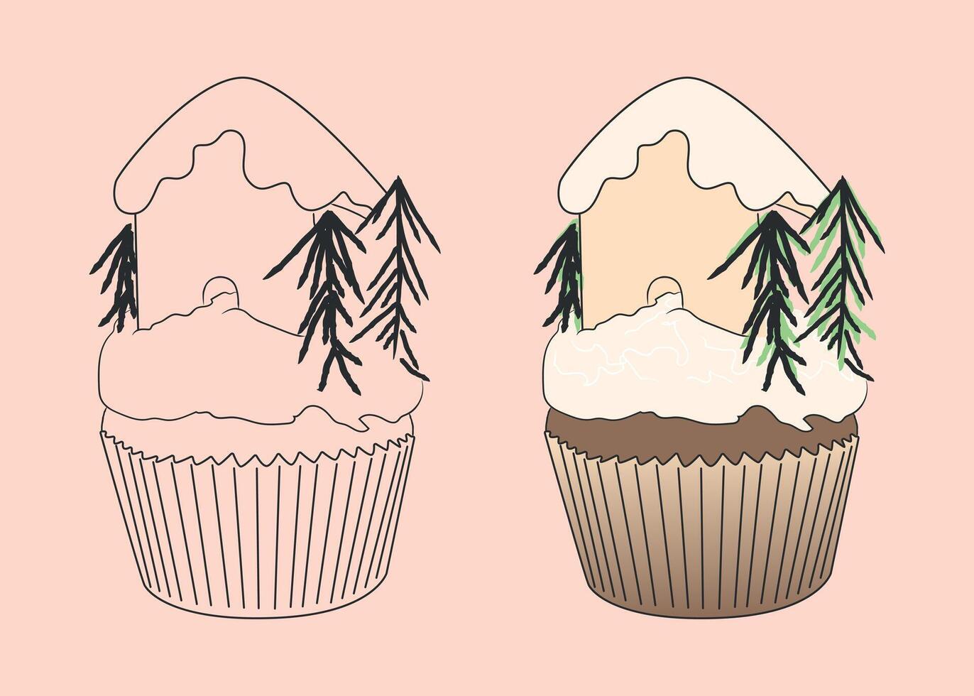 Christmas cupcake with snow-covered ginger house and rosemary trees vector