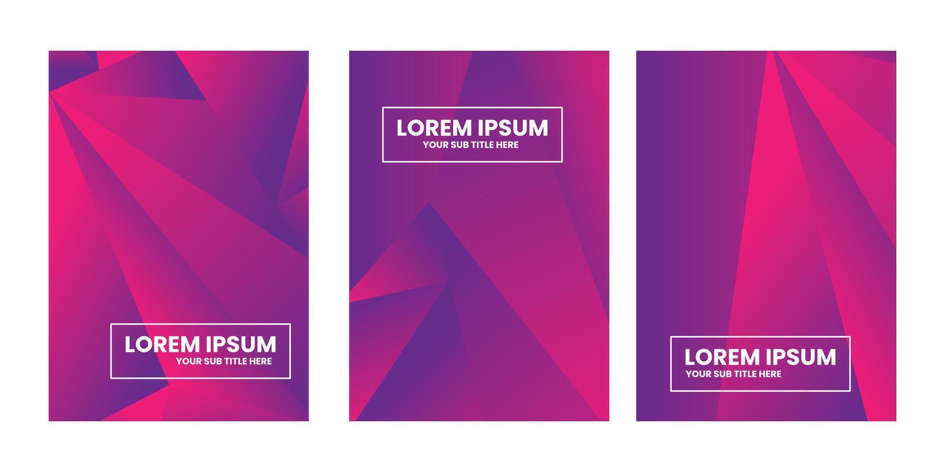 Three panels with purple gradient and geometric shapes. vector