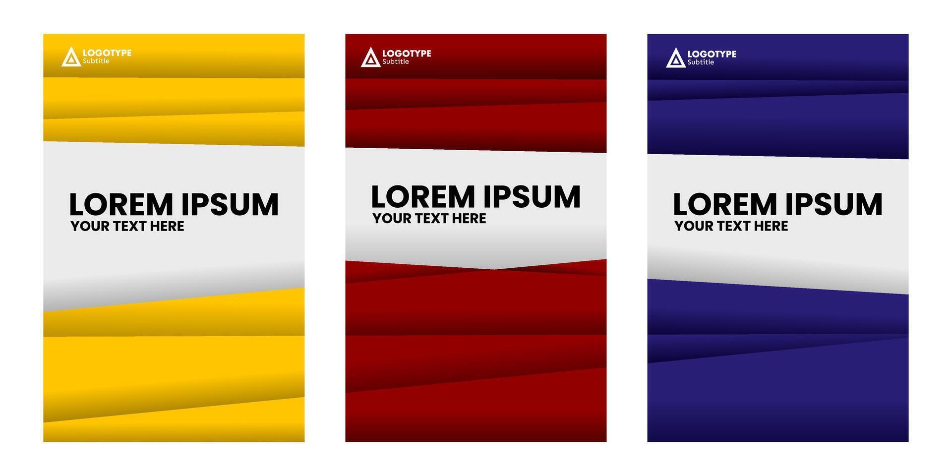 Three book covers with yellow, red, and blue backgrounds. vector