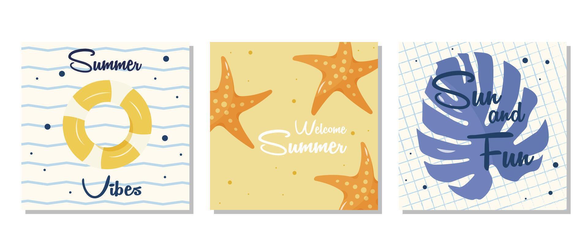 Set of summer cards with starfish, life ring, and palm leaf illustration. The set is great for banners, posters, or social media posts. It is a illustration. vector