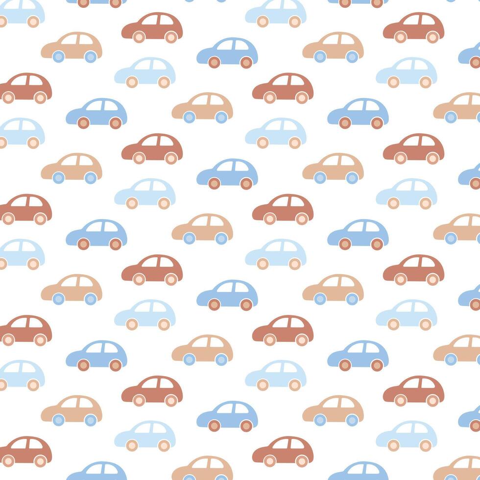 Cute pastel pattern with blue and brown cars on a white background. It is a illustration in the style of flat. vector