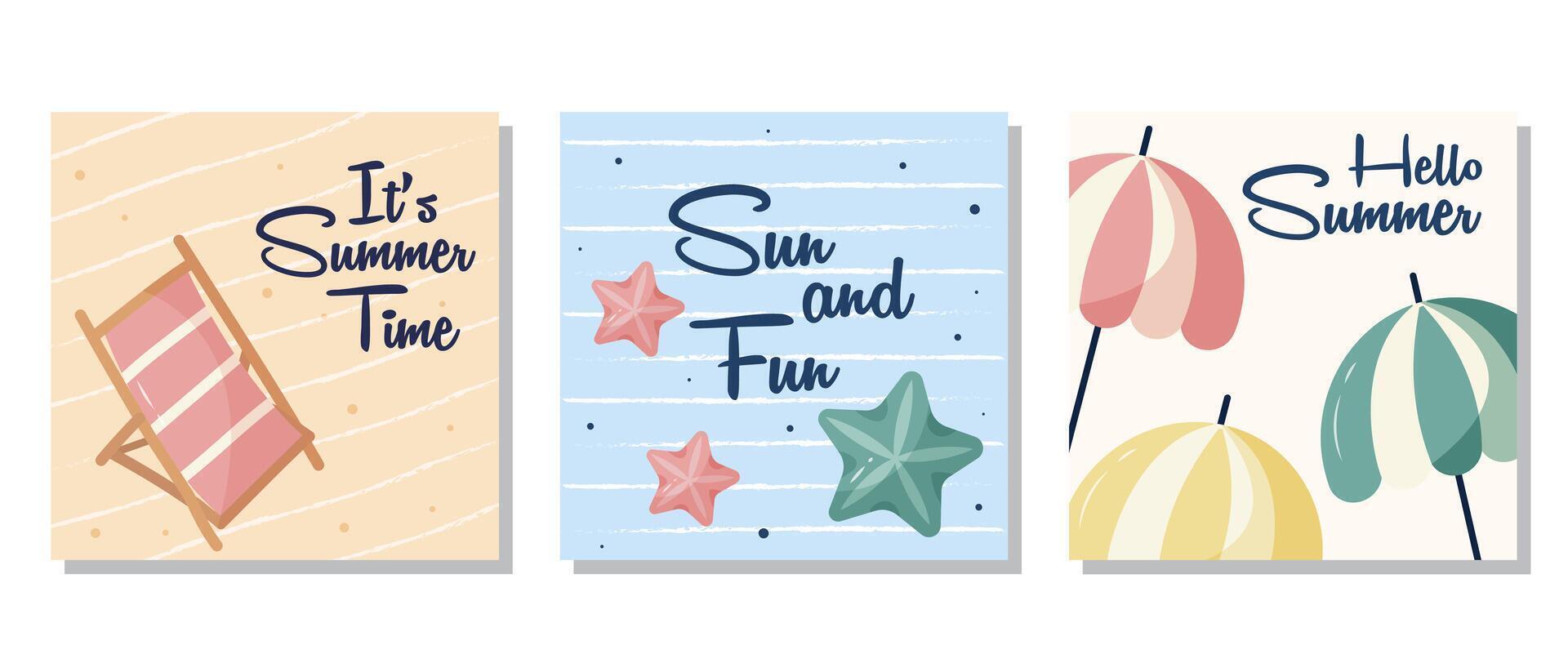 Set of summer posters with beach elements, including a sun umbrella, sun lounger, and starfish in pastel colors. The set is great for social media posts or poster template. It is a illustration vector