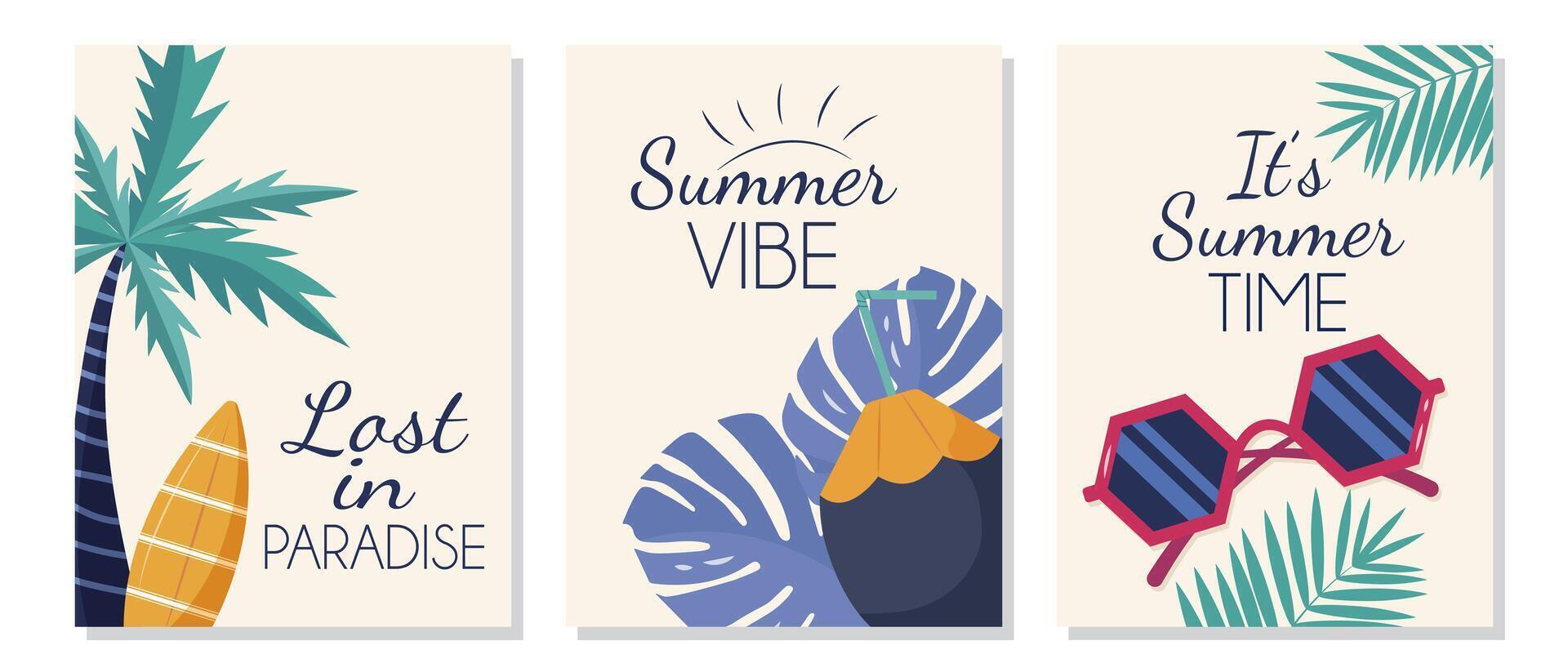 Set of summer posters with surfboard, sunglasses and palm tree leaves on beige background flat illustration set for social media post design. Summer vacation poster template. vector