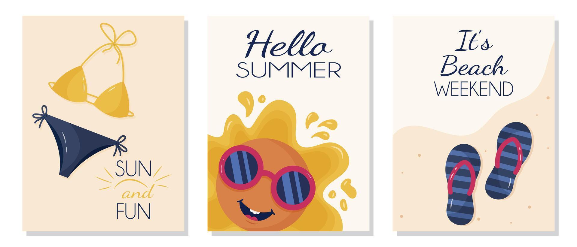 Set of summer posters with beach elements, sun, swimsuit, and sunglasses, flat illustration in minimalistic design. vector