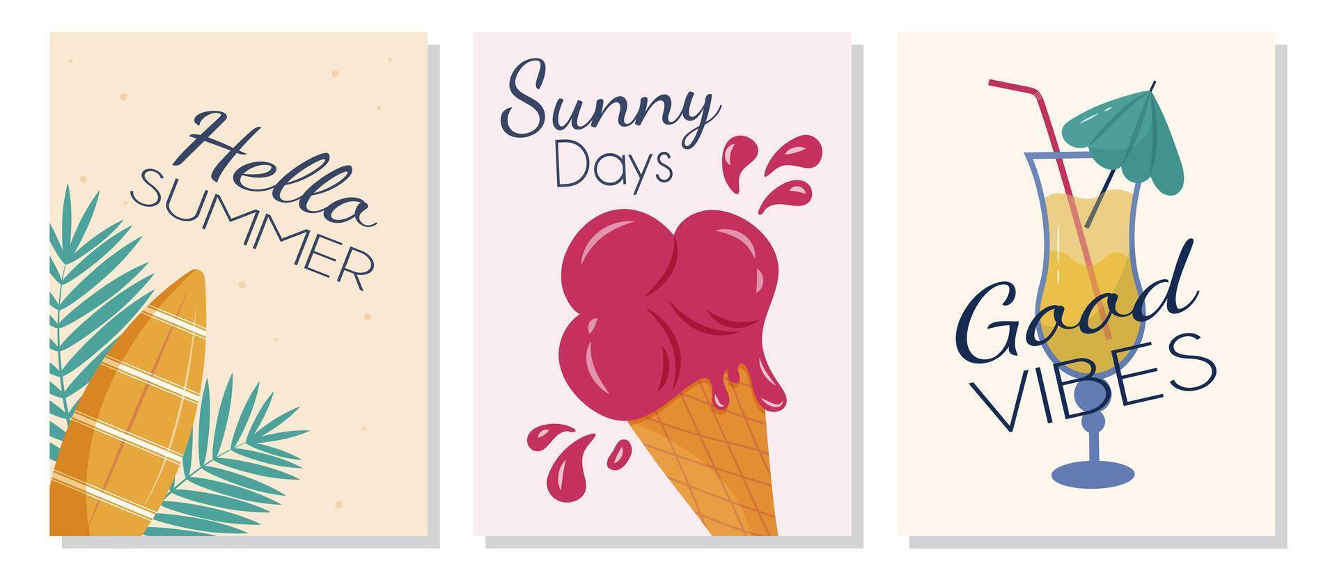 Summer-themed posters with ice cream, cocktail and palm leaves illustrations. illustrations posters set is great for web banner design, cards, brochures, flyers, and advertising poster template vector