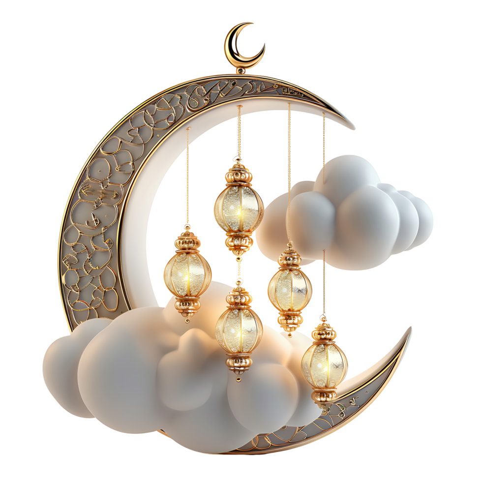 3d rendering of ramadan decoration of crescent clouds and arabic lanterns on transparent background png